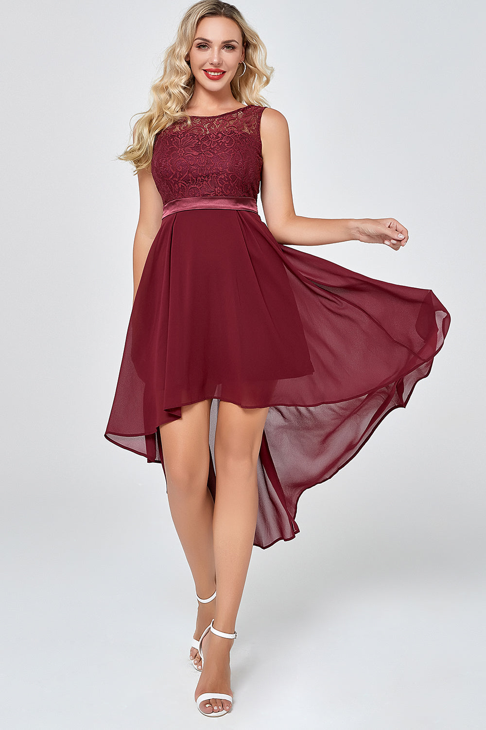 Burgundy High Low Chiffon Party Dress with Lace