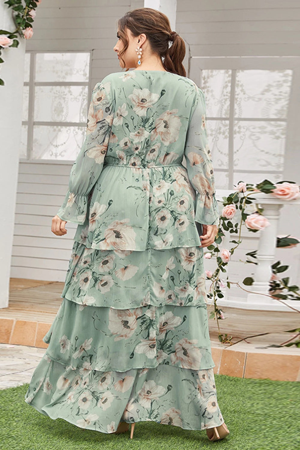 Plus Size Green Floral Tiered Summer Dress