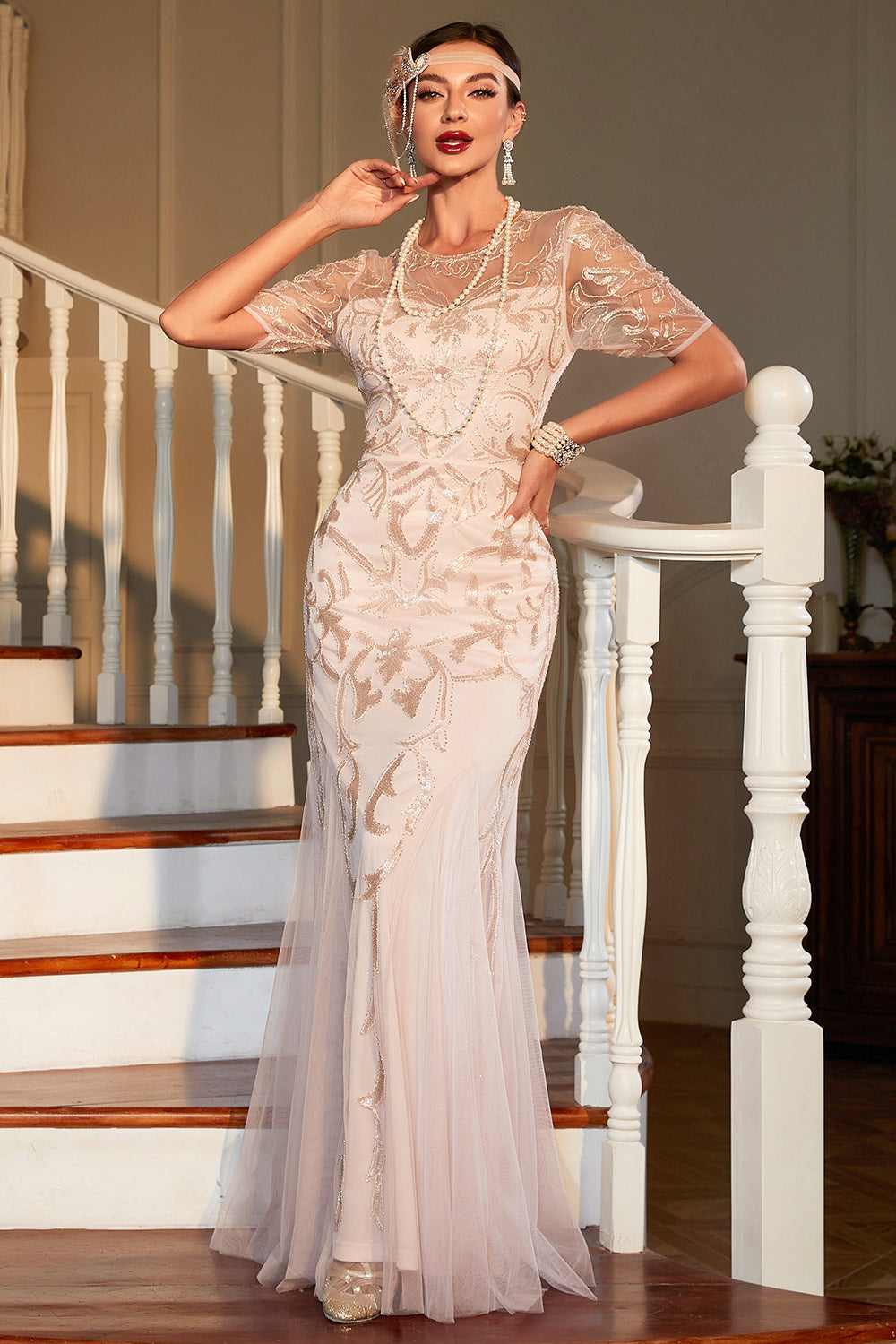 Sparkly Blush Sequined 1920s Flapper Dress with 20s Accessories