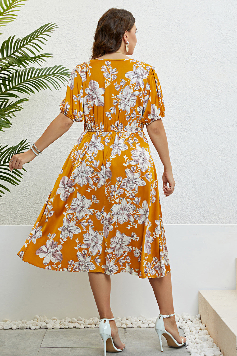 Yellow V Neck Plus Size Flowers Printed Summer Dress
