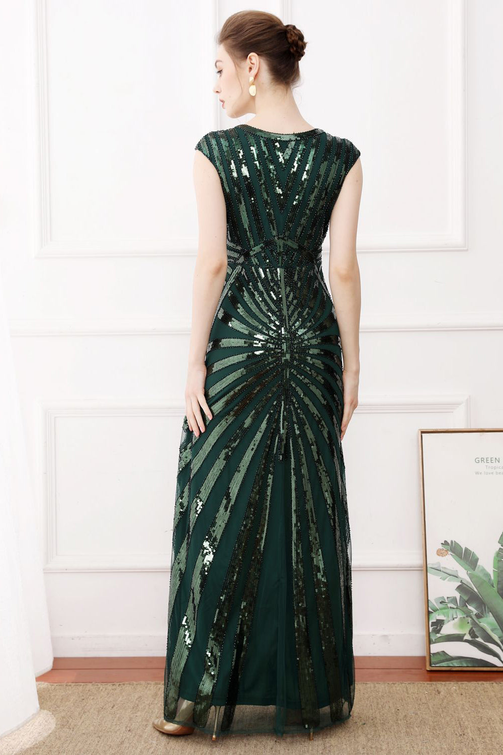 Dark Green Sequins Long 1920s Dress with Beaded