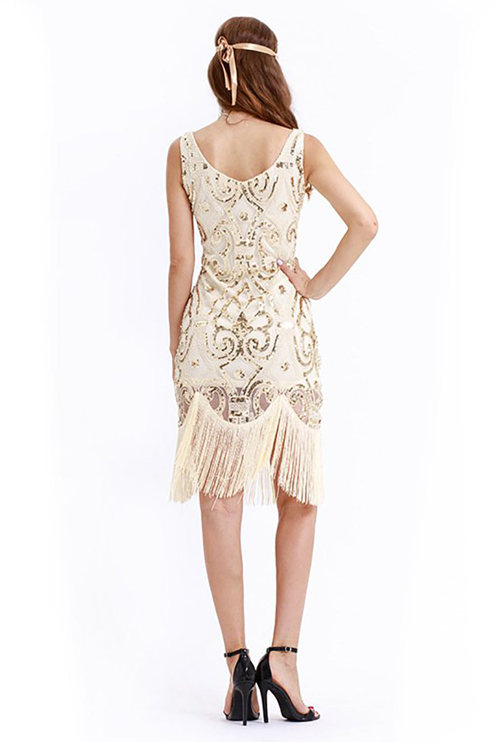 Sparkly V-Neck Apricot Gatsby Fringed Flapper Dress