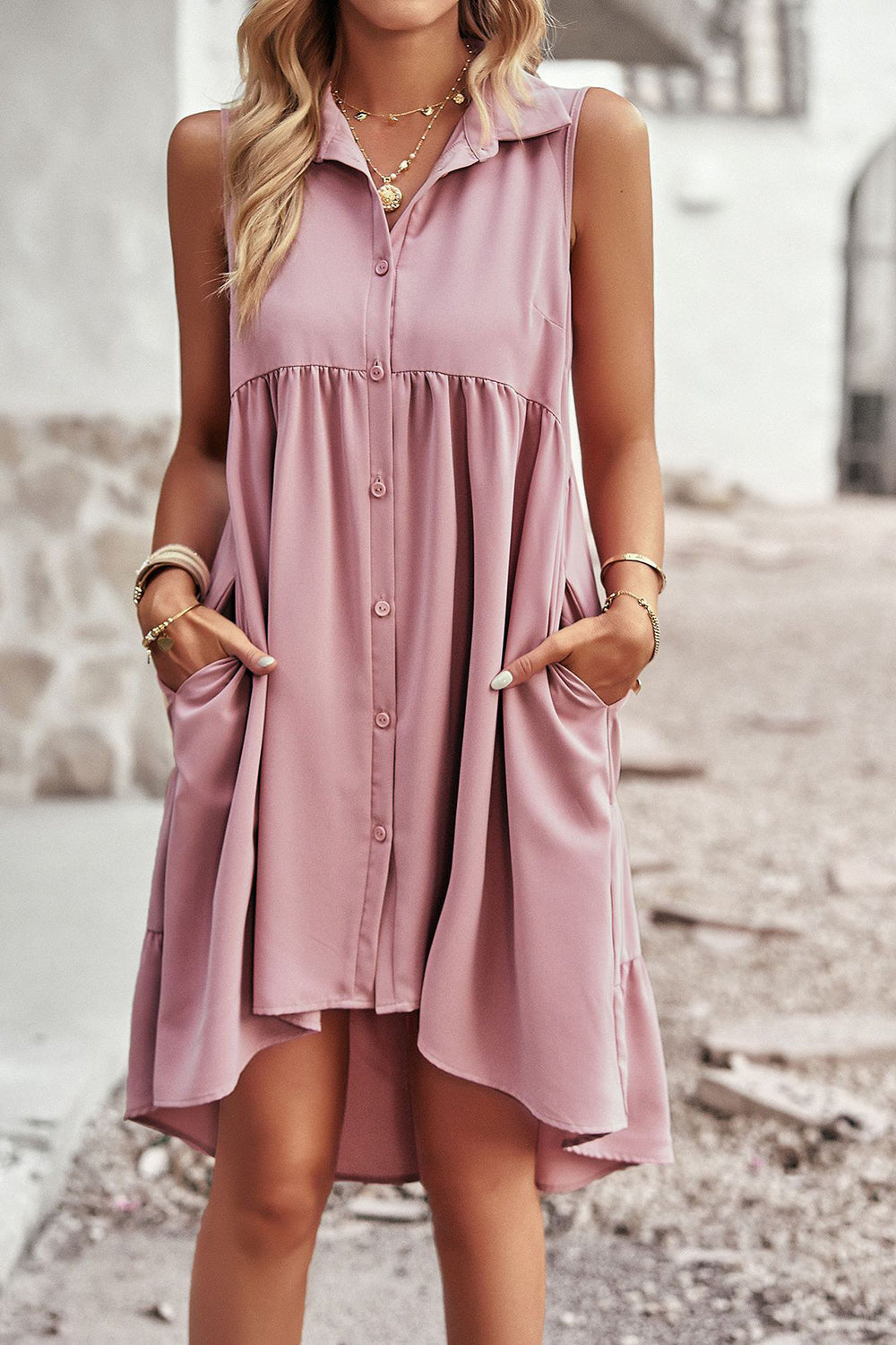 Pink High Low Button Down Sleeveless Casual Dress