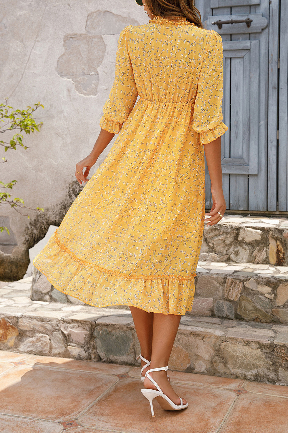 Yellow Long Sleeves Floral Boho Maxi Dress