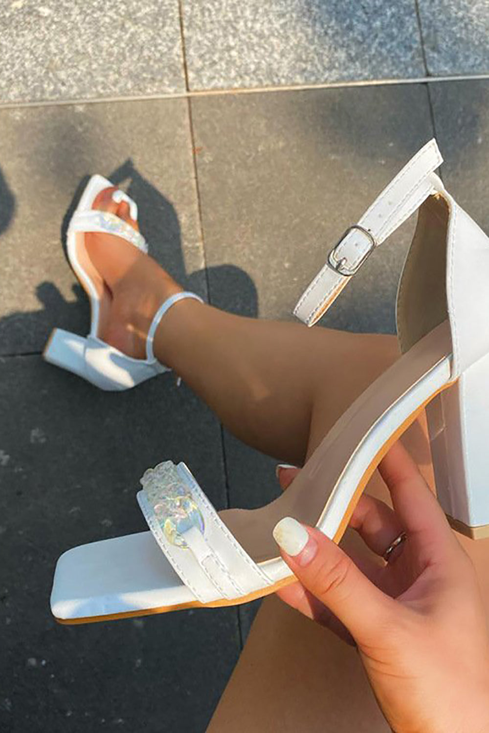 White Block Heeled Ankle Strap Sandal