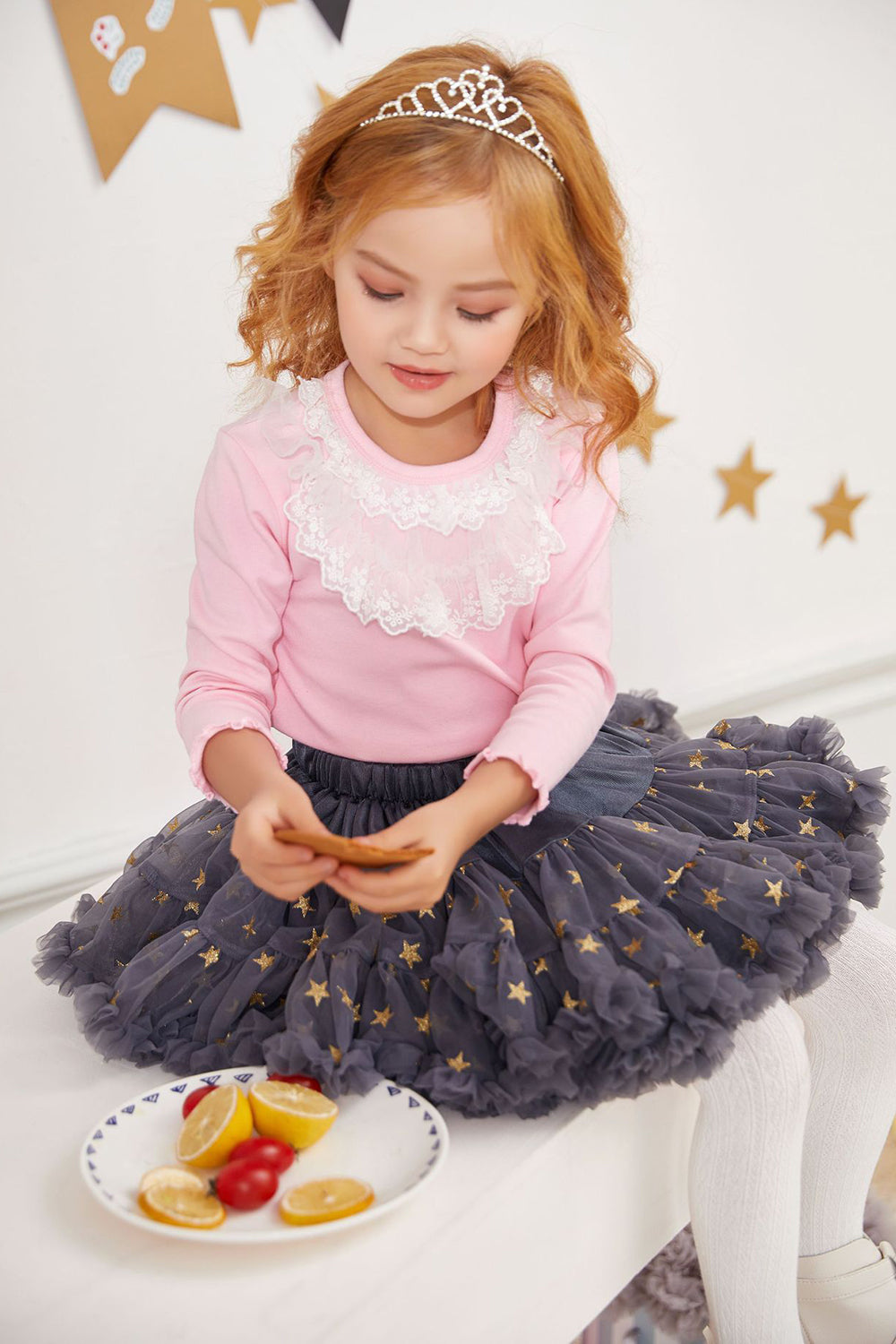 Sparkly Dark Grey Ruffled Tutu Stars Girl Skirt