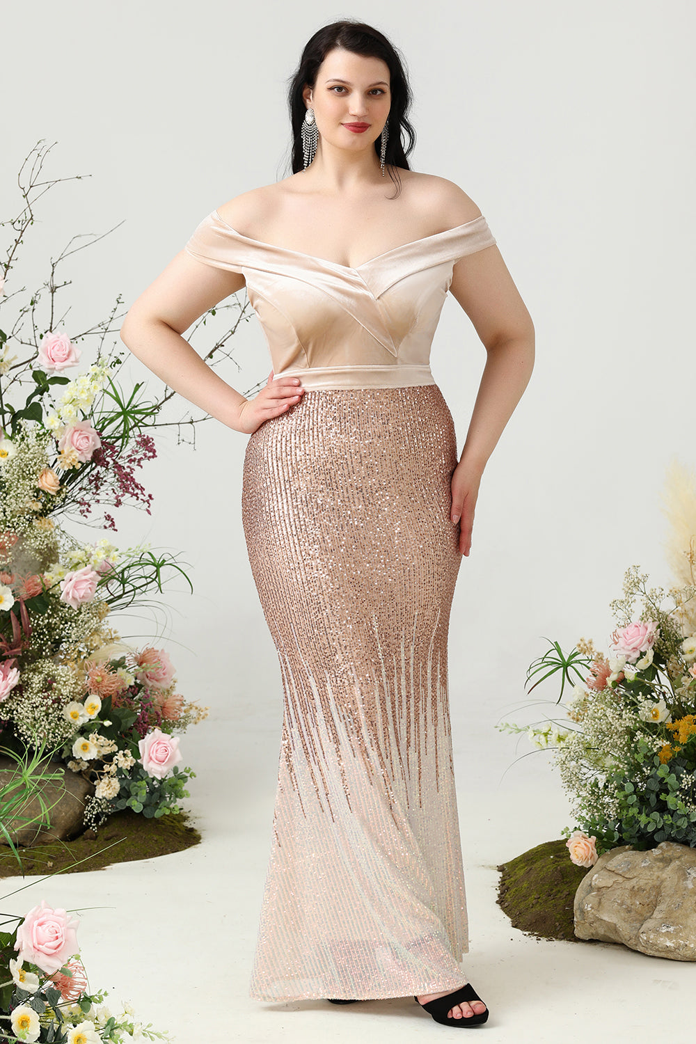 Mermaid Off the Shoulder Champagne Plus Size Prom Dress with Sequins
