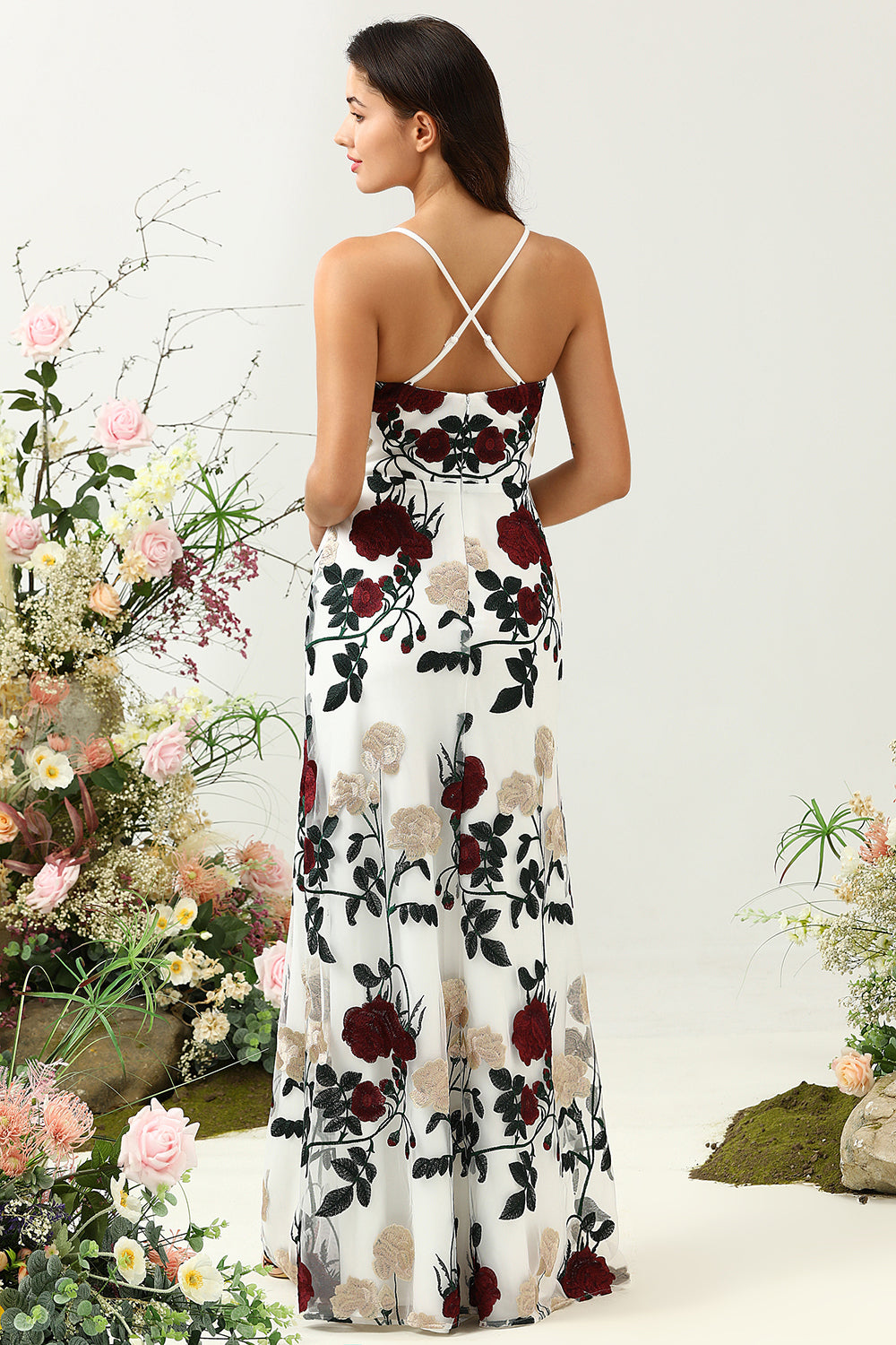 Mermaid Spaghetti Straps Flower Printed Wedding Guest Dress
