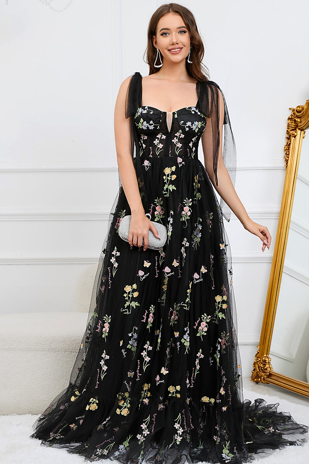 A Line Spaghetti Straps Black Plus Size Prom Dress with Embroidery