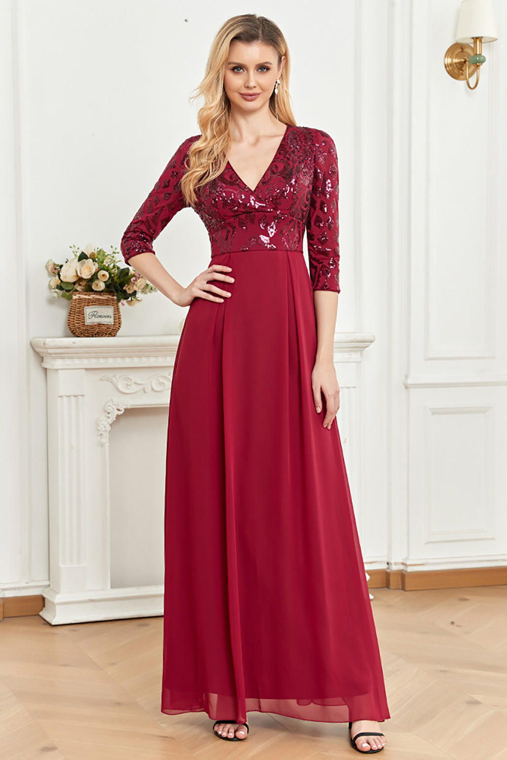 3/4 Sleeves Burgundy Mother of the Bride Dress