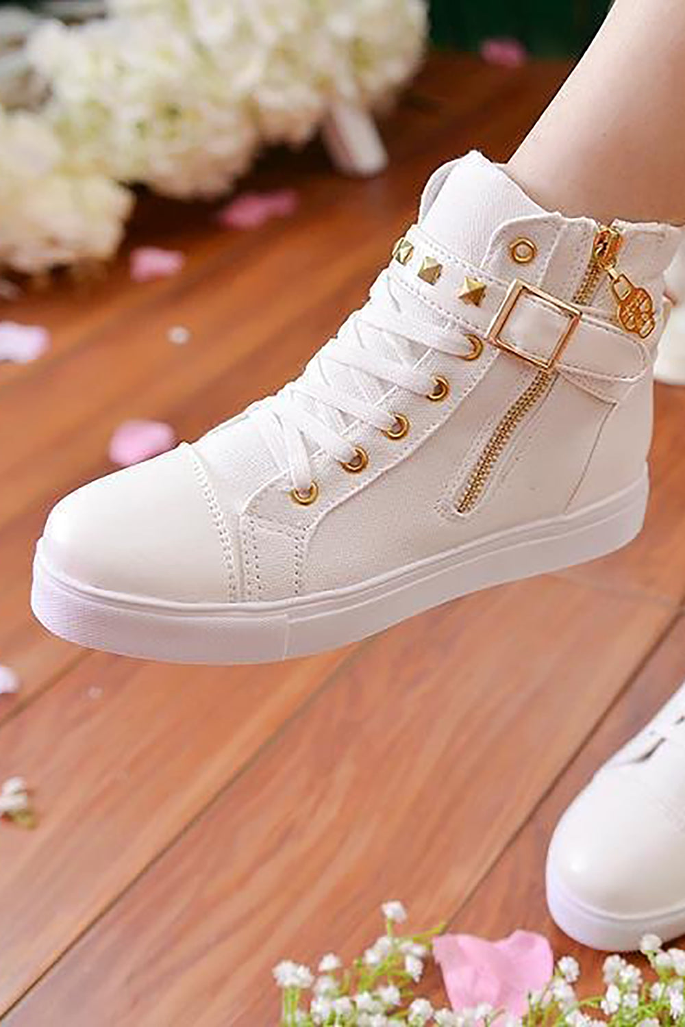 White Rivet Buckle Lace Up Canvas Sneakers