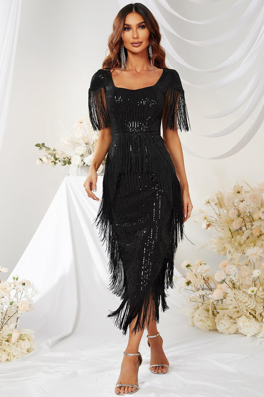 Square Neck Black Formal Dress with Fringes