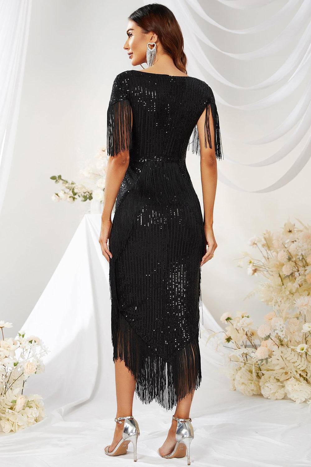 Square Neck Black Formal Dress with Fringes