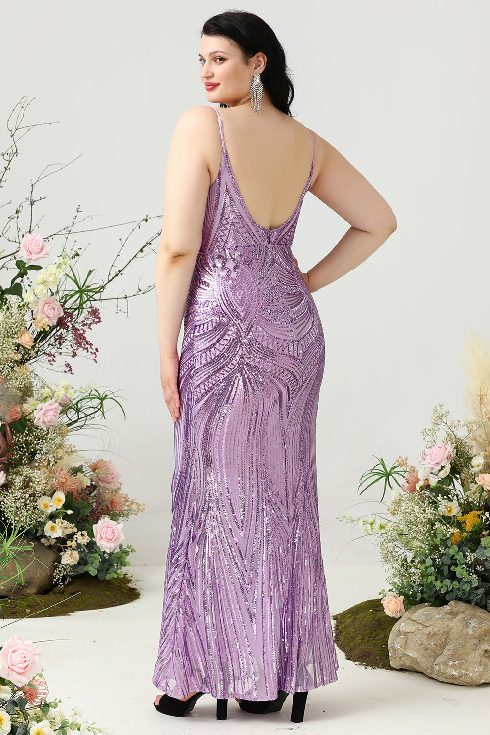 Sheath Spaghetti Straps Light Purple Sequins Plus Size Prom Dress