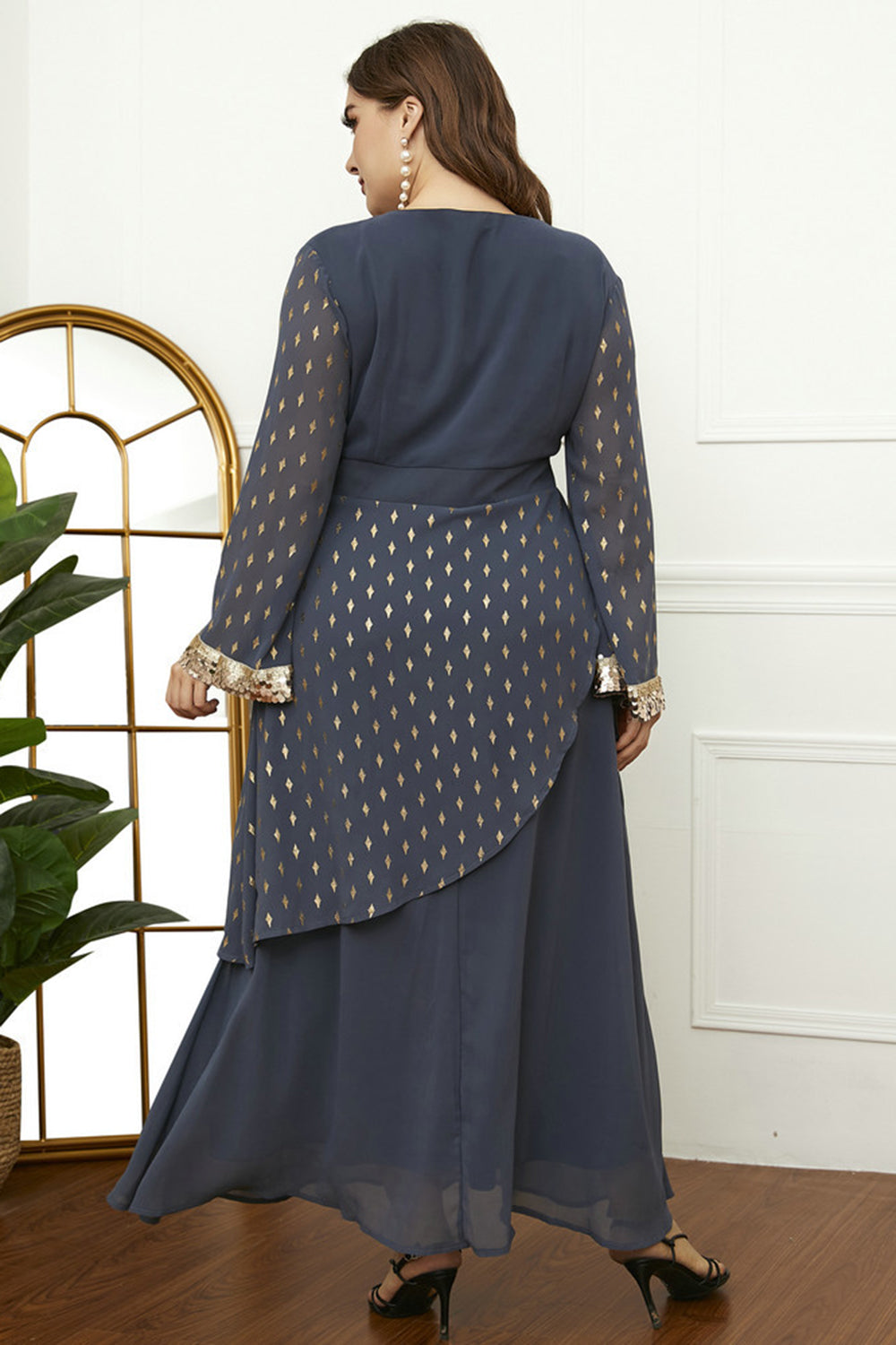 Grey Blue Polka Dots Mother of the Bride Dress with Sequins