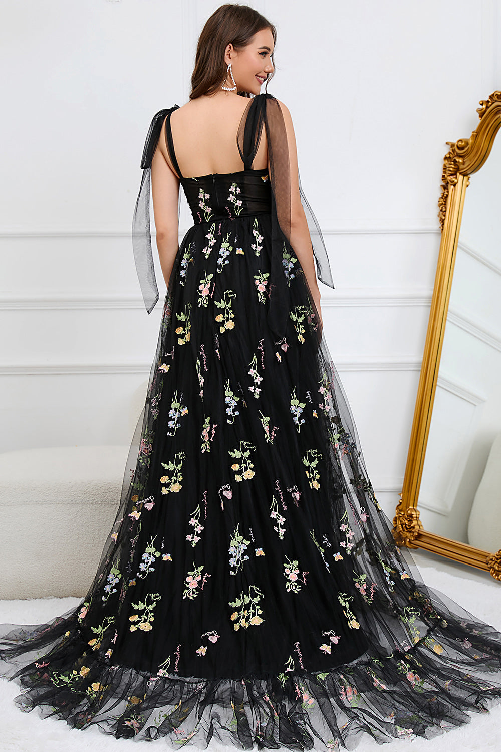 A Line Spaghetti Straps Black Plus Size Prom Dress with Embroidery