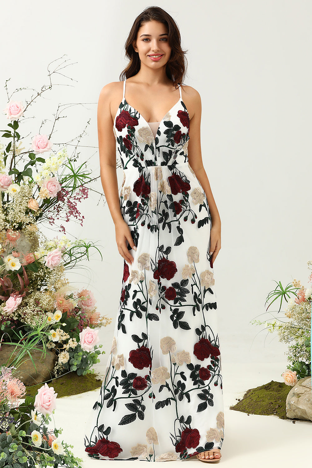 Mermaid Spaghetti Straps Flower Printed Wedding Guest Dress