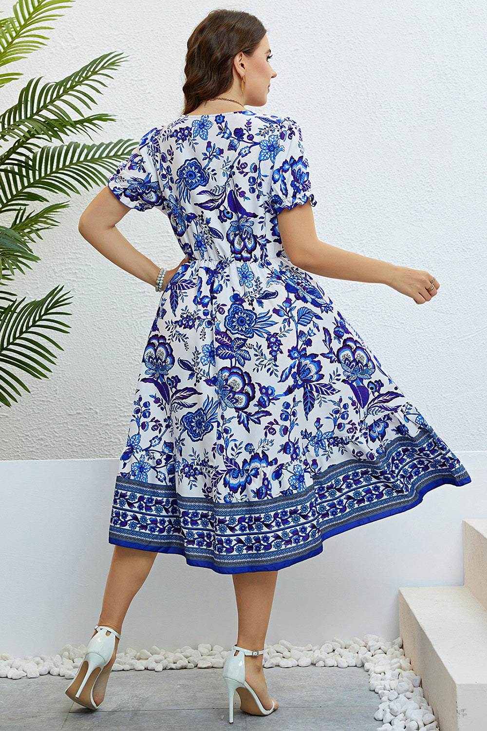 Blue V Neck Plus Size Summer Dress With Short Sleeves