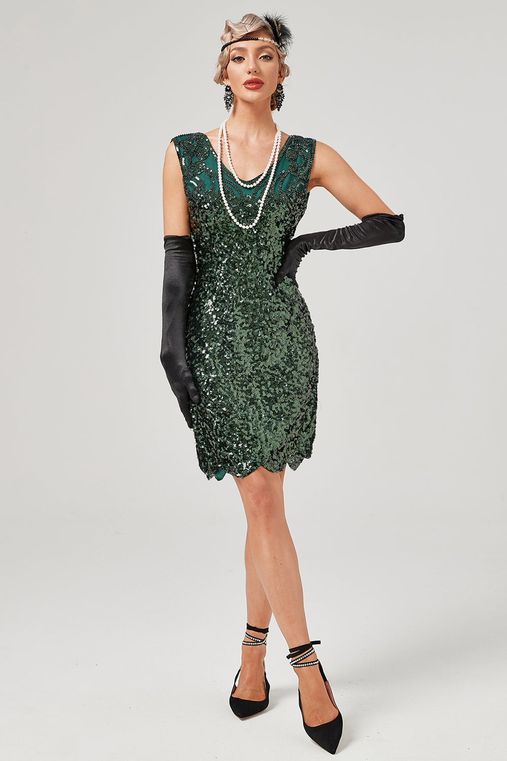 Dark Green Sequined V-Neck 1920s Flapper Dress
