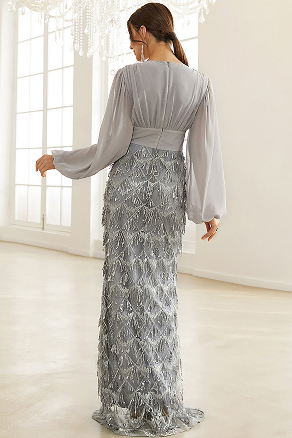 Silver Sheath Long Sleeves Mother of the Bride Dress with Slit