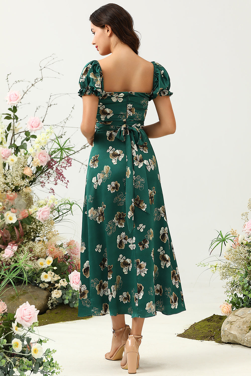 Dark Green Floral Boho Bridesmaid Dress