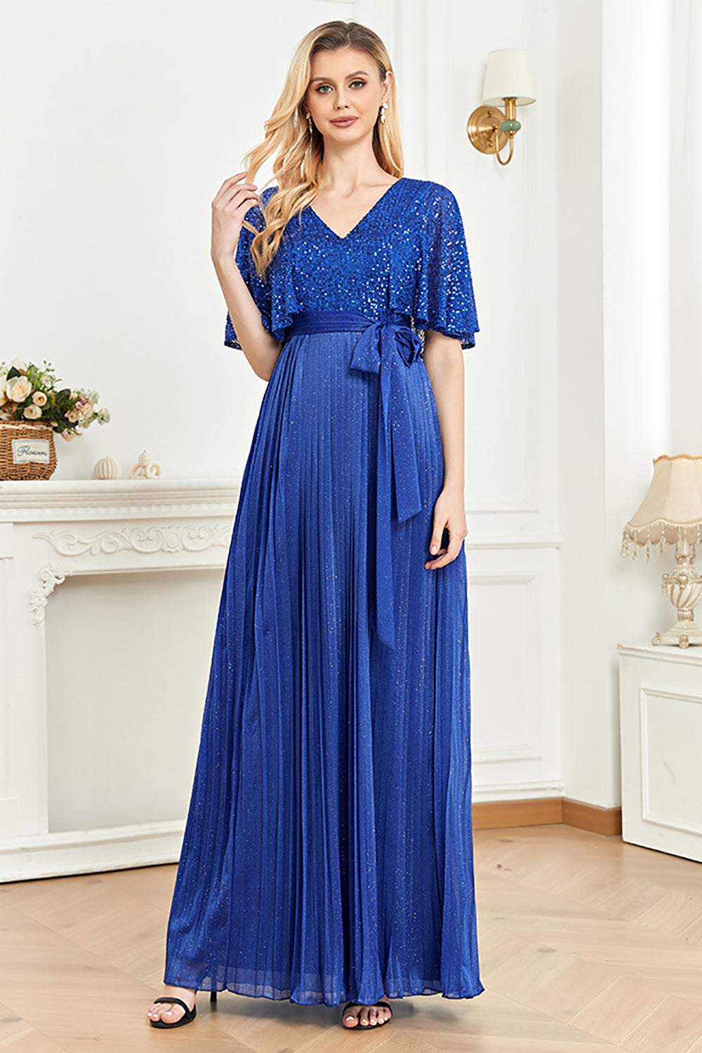 V-Neck Sequins Royal Blue Mother of the Bride Dress