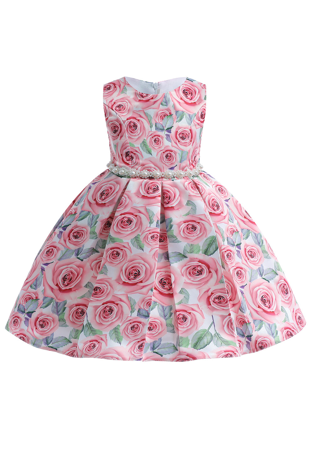 Boat Neck Flower Printed Pink Girls Dress with Beading