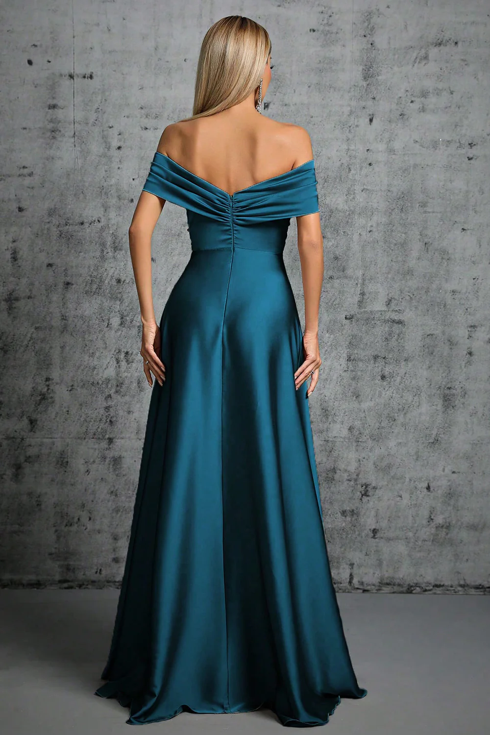 Peacock Blue Satin Off The Shoulder Formal Dress
