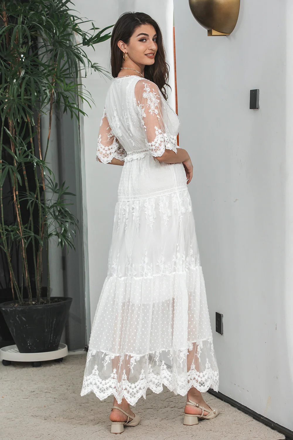 White A Line V Neck Boho Lace Long Modest Graduation Dress with Short Sleeves