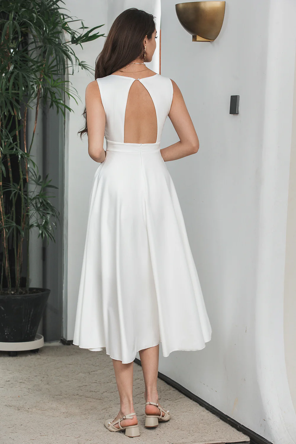 Elegant White A Line V Neck Sleeveless Graduation Dress with Hollow-out Back