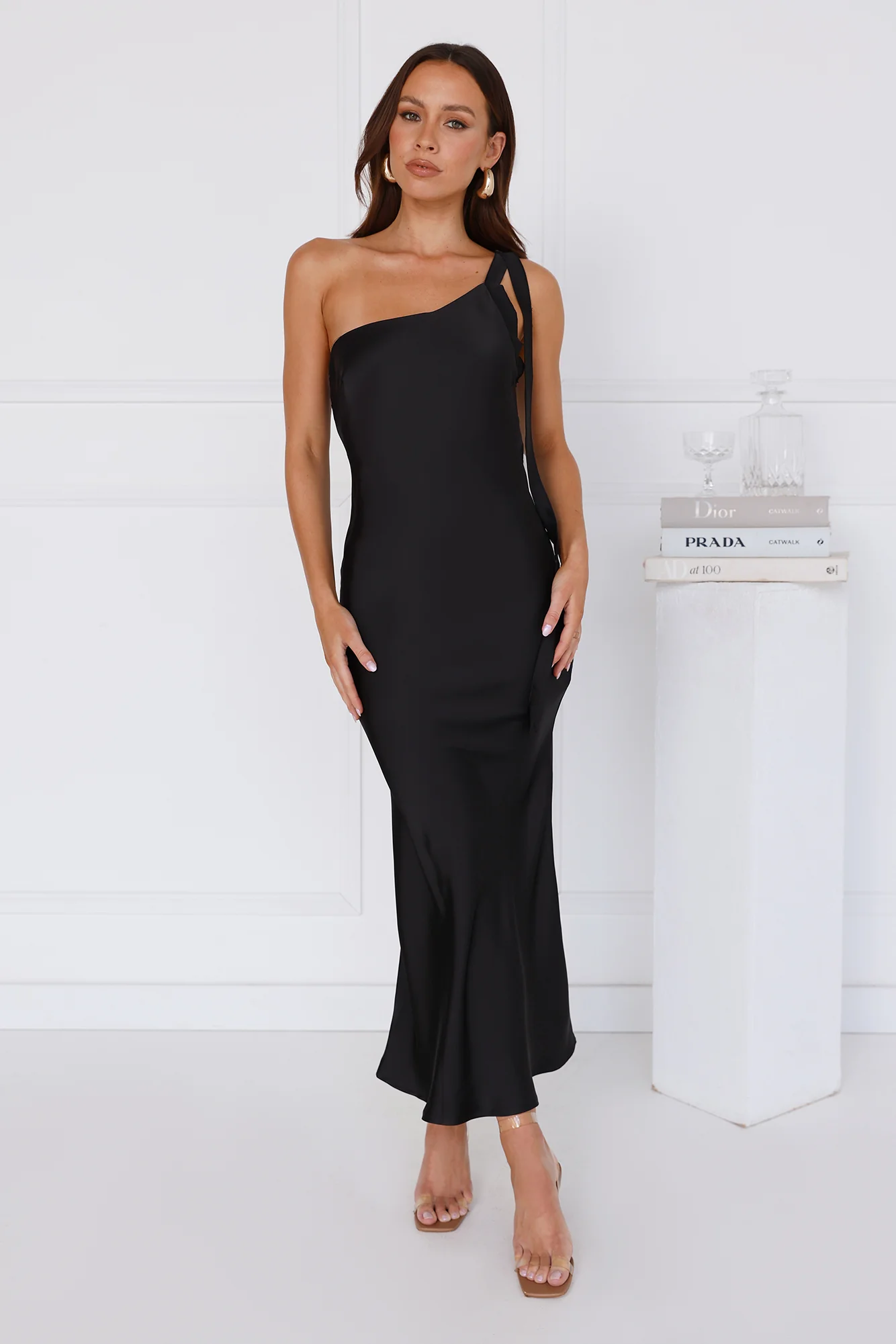 Black Tie Ballroom One Shoulder Satin Maxi Dress Black
