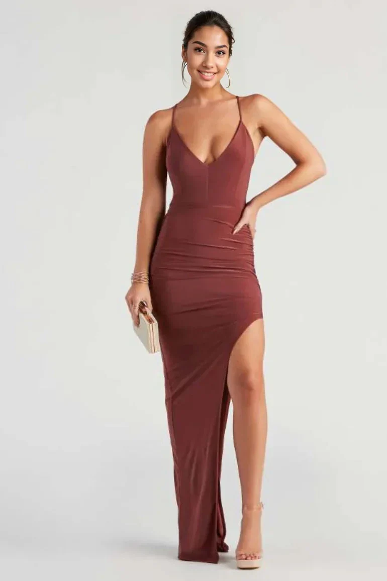 Heather Ruched High-Slit Formal Dress