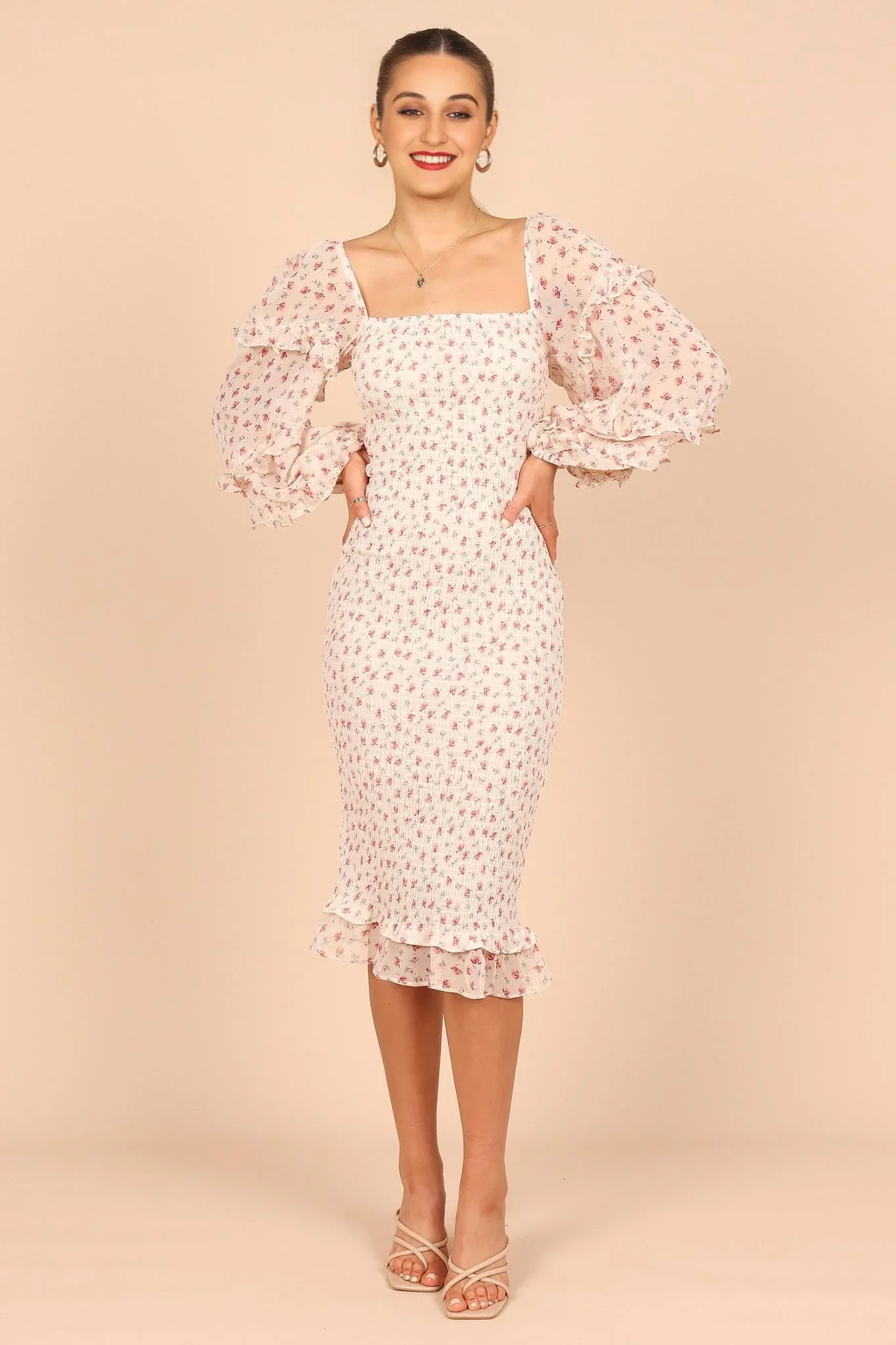 Bonita Shirred Frill Long Sleeve Bodycon Midi Dress - Cream Floral