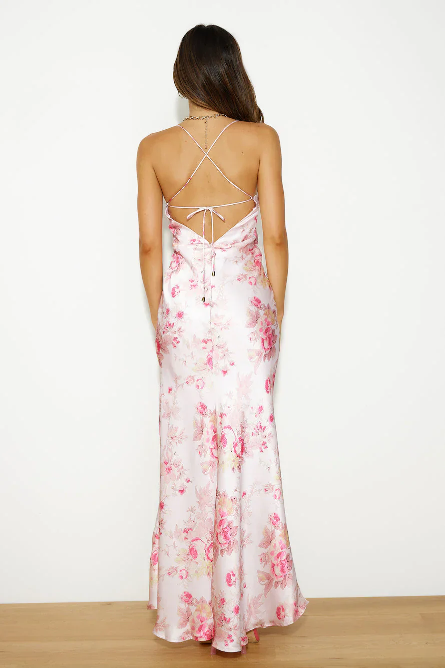Blooming Passions Satin Maxi Dress Pink