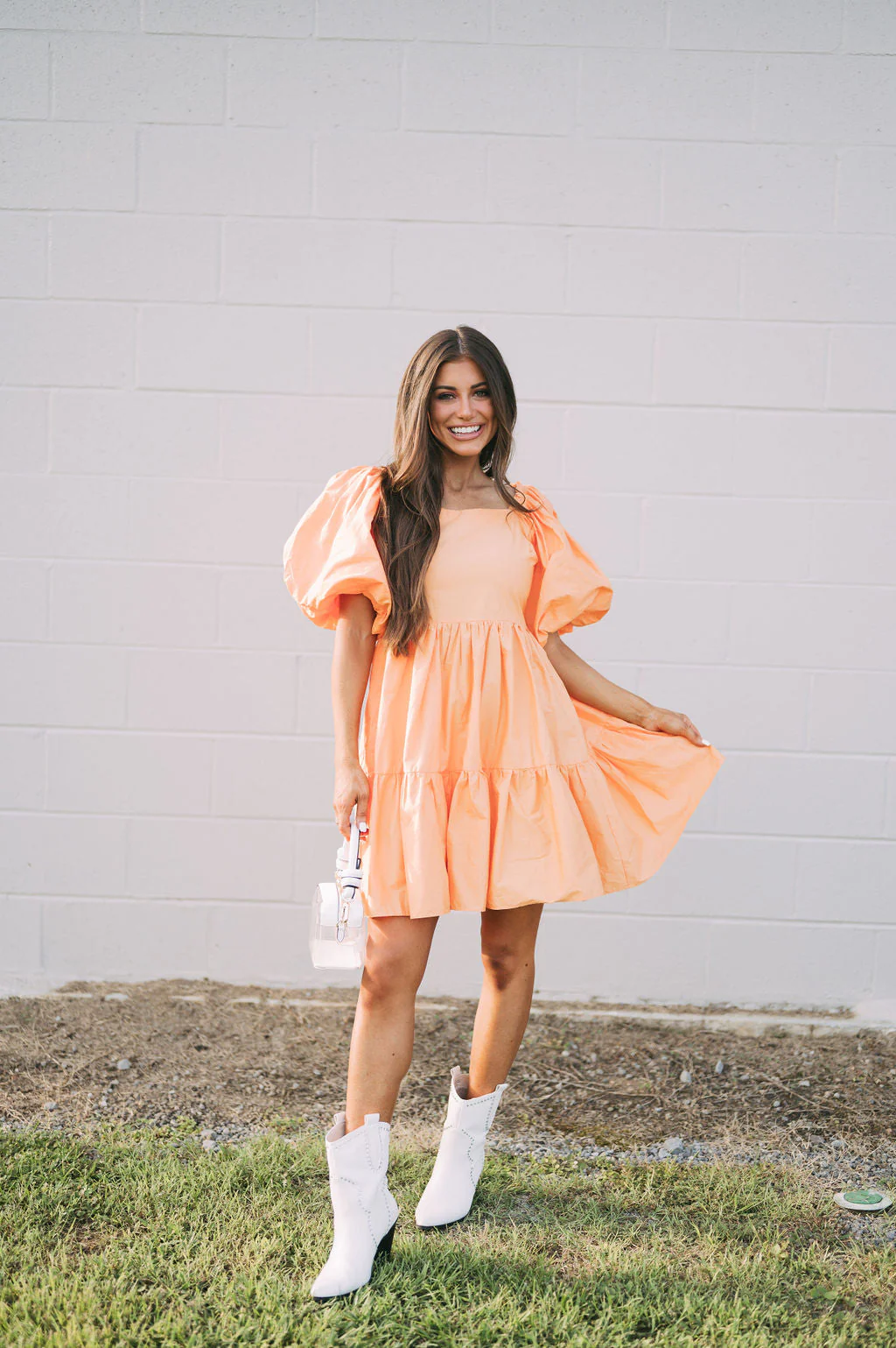 Janie Puff Sleeve Dress-Orange