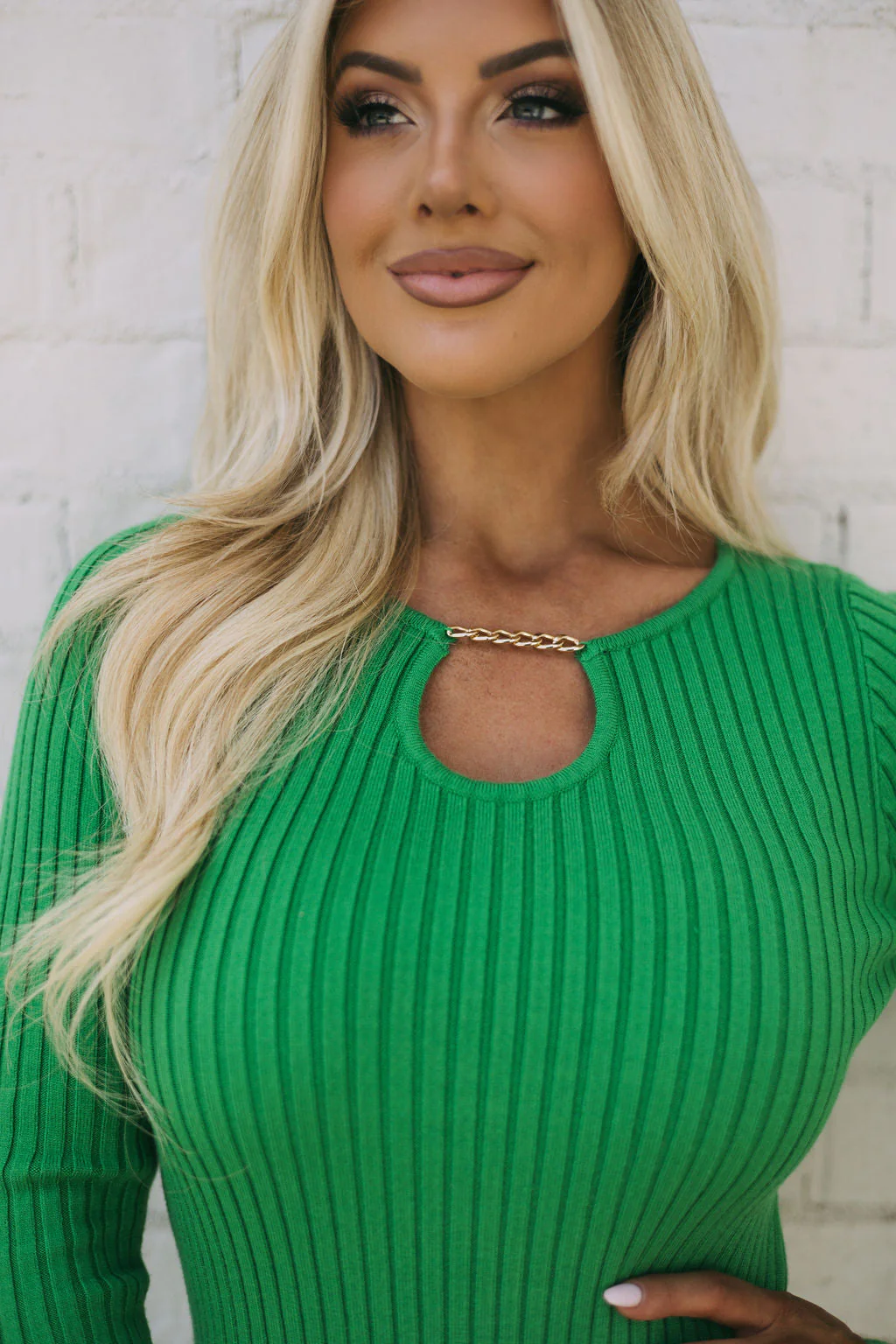 Chain Accented Sweater Knit Dress-Green