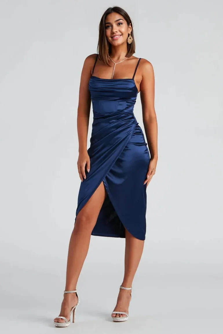 Formal Satin Wrap Midi Dress