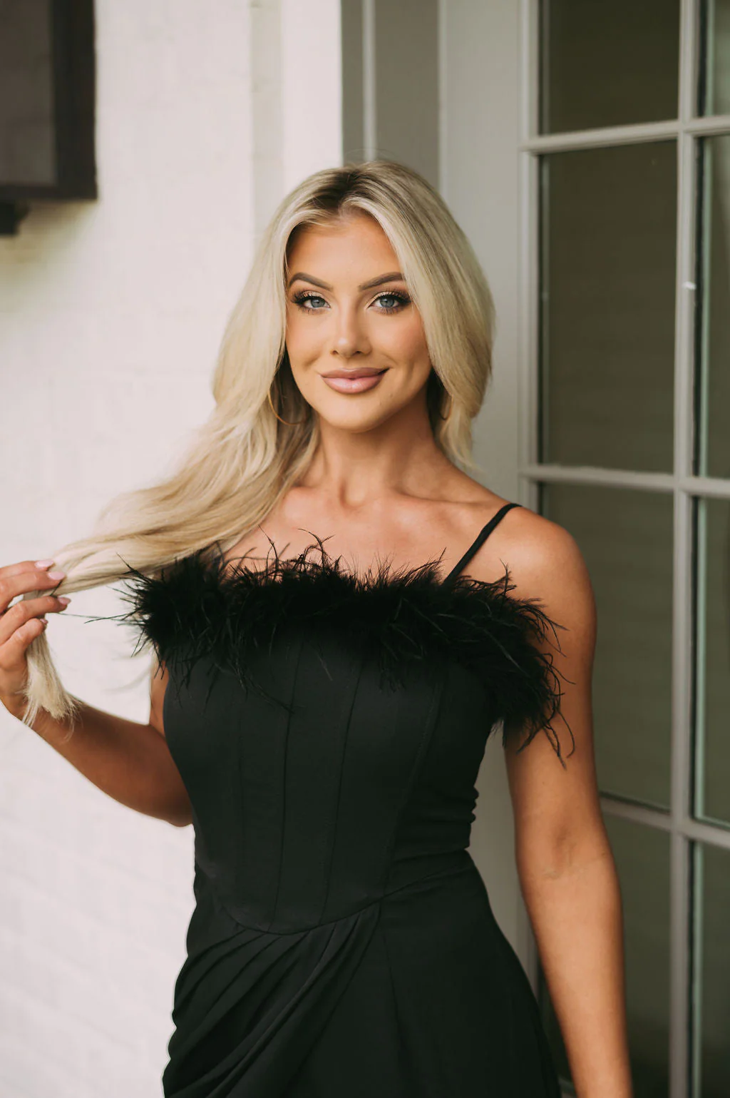 Feather Trim Overlay Midi Dress