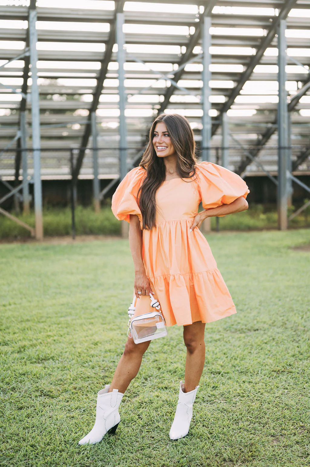 Janie Puff Sleeve Dress-Orange
