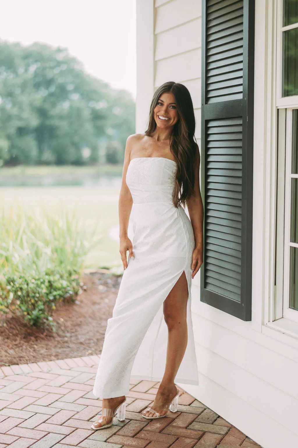 Strapless Jacquard Slit Dress White