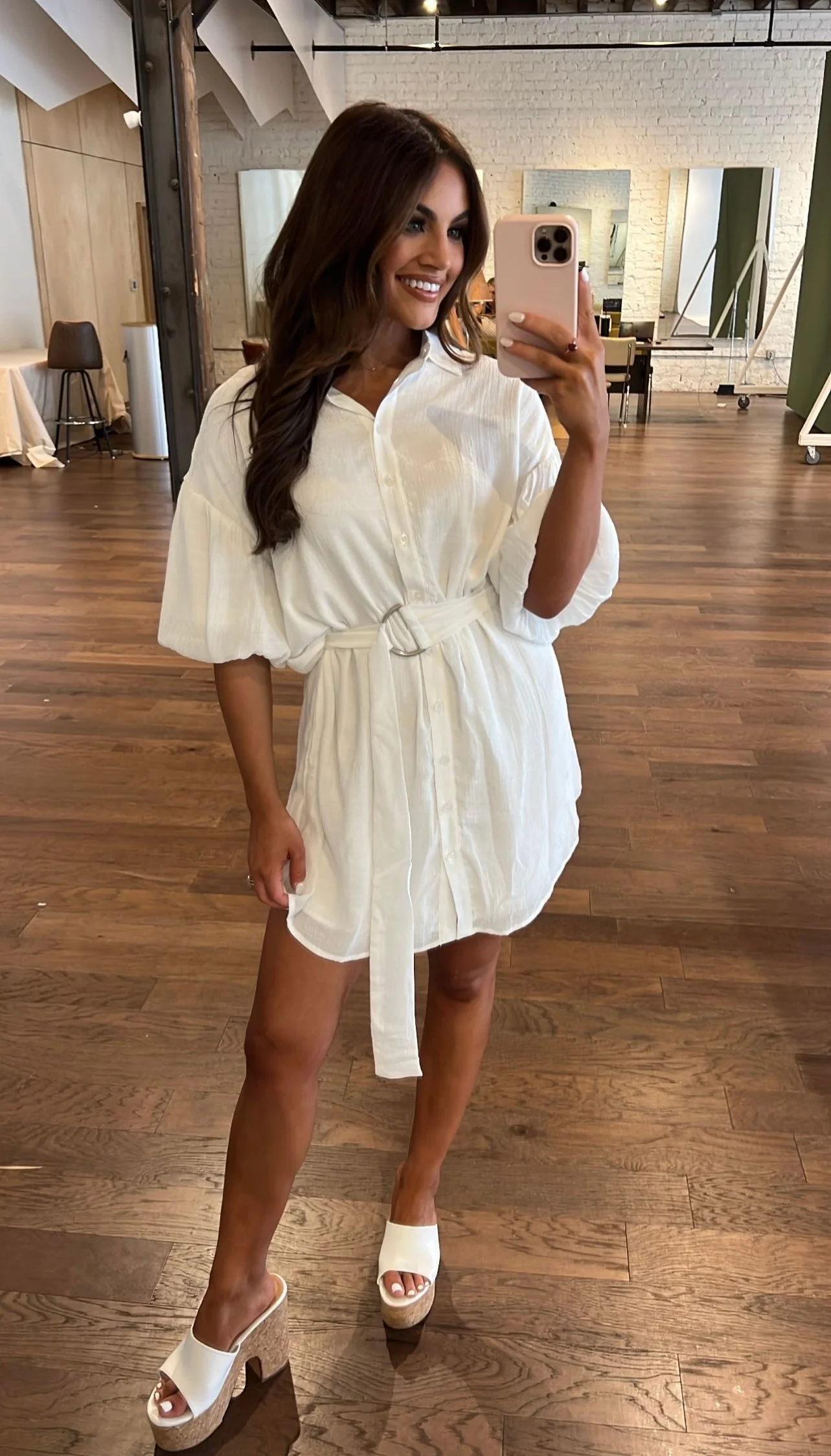 Belted Button Down Dress-White