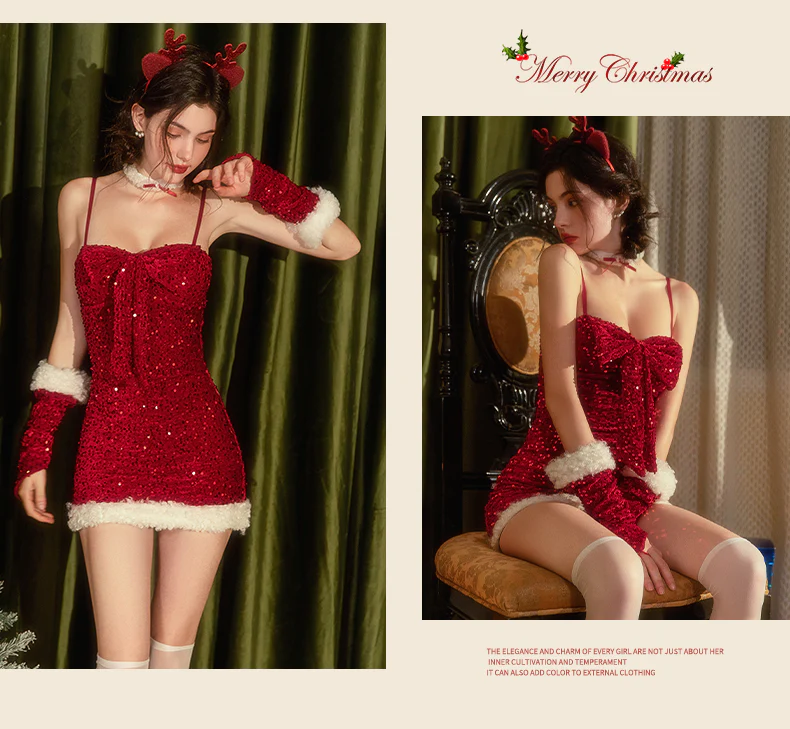 Christmas outfits sexy red hip skirt cosplay Christmas New Year shirt dress