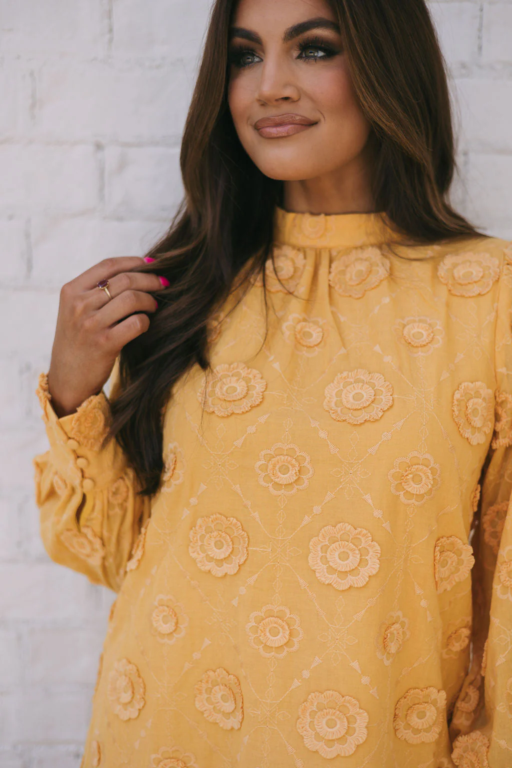 Mock Neck Floral Embroidered Dress-Mustard