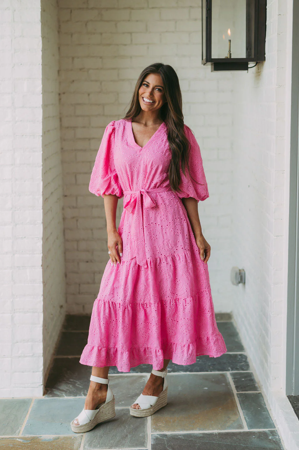 Eyelet Puff Sleeve Midi Dress