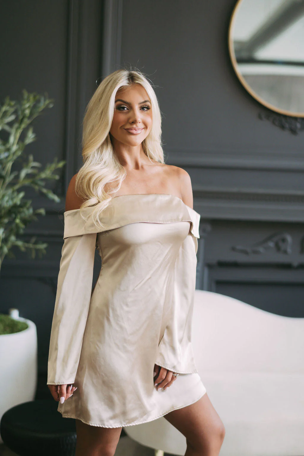 Long Sleeve OTS Satin Dress-Champagne