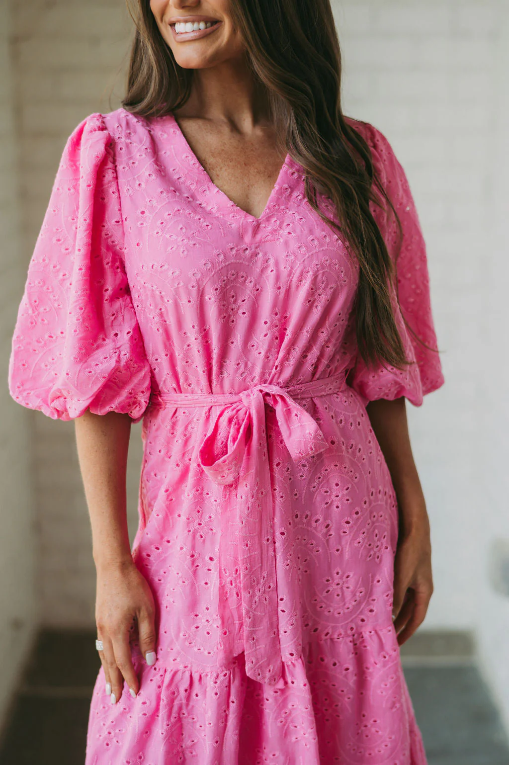 Eyelet Puff Sleeve Midi Dress