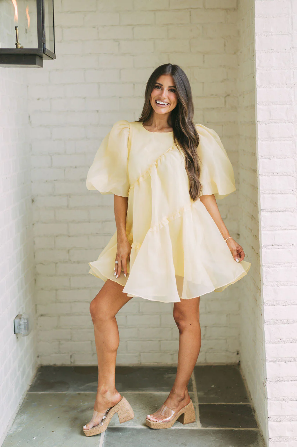 Organza Puff Sleeve Dress-Yellow