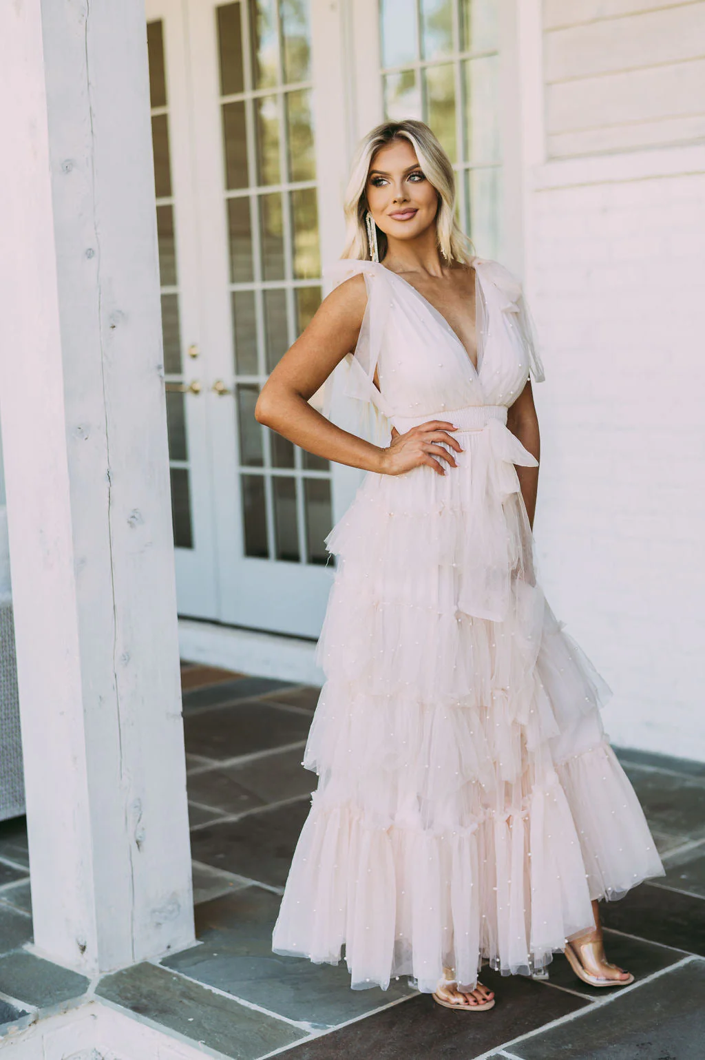 Pearl Accented Mesh Maxi Dress