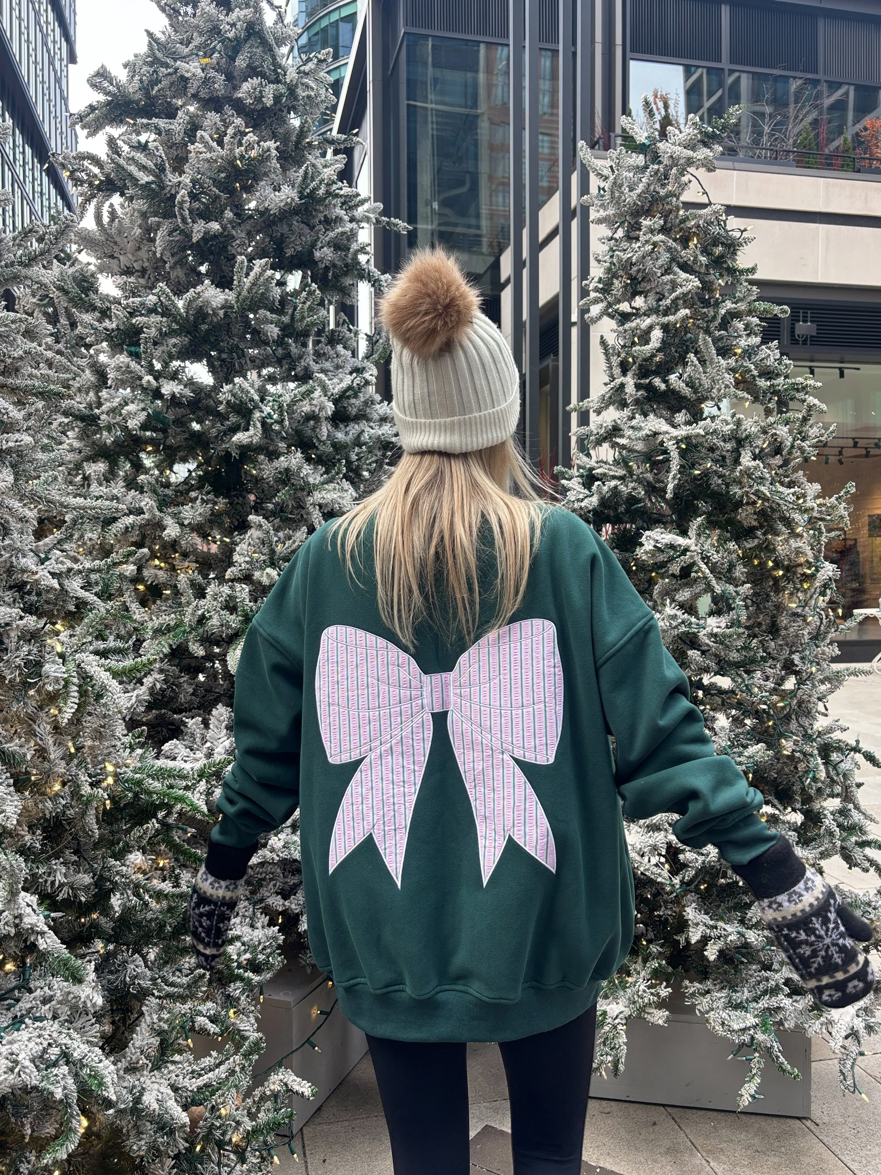 Christmas Stripes Bow Embroider Sweatshirt