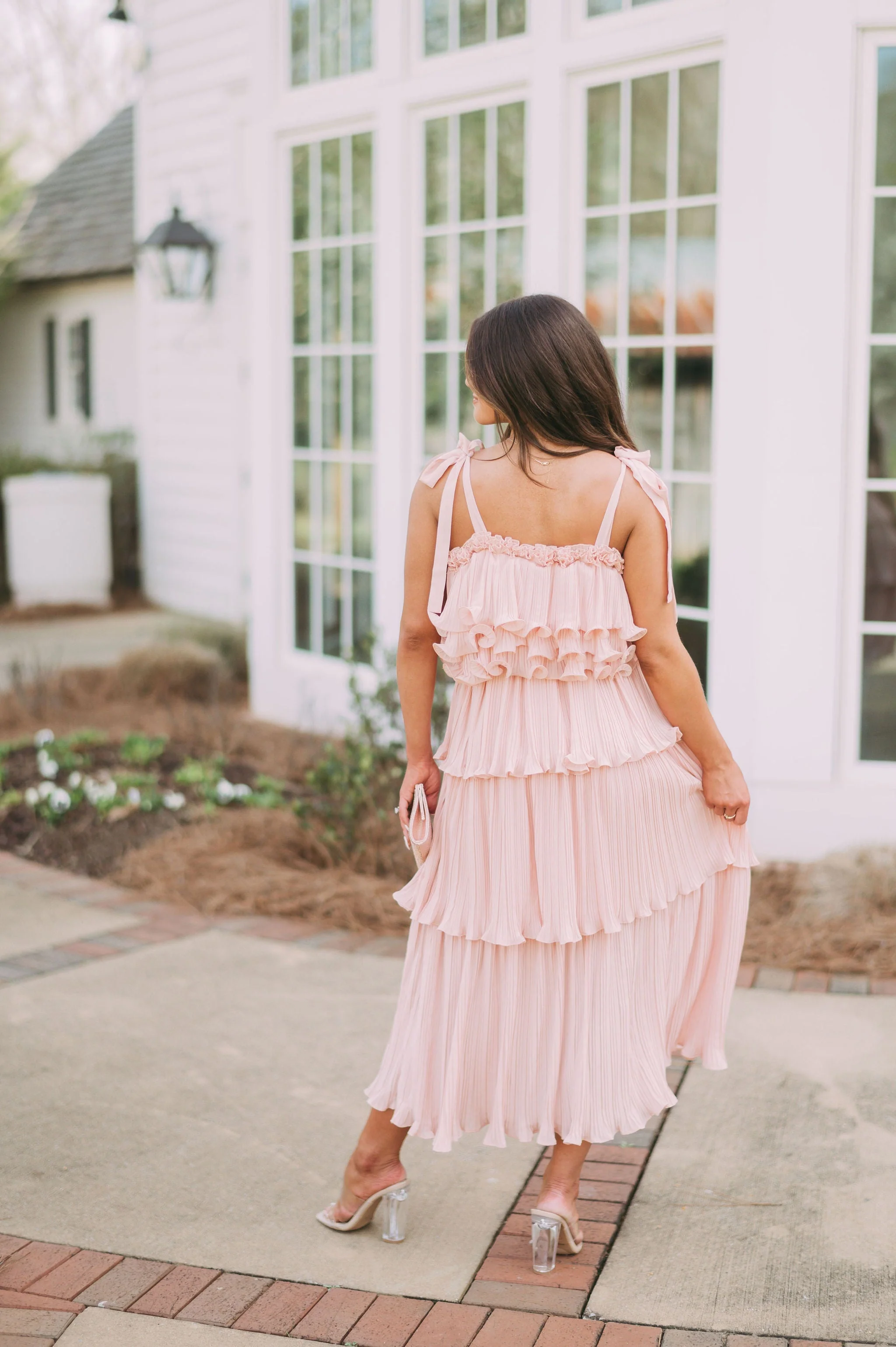 Shoulder Tie Tiered Ruffle DressPeach